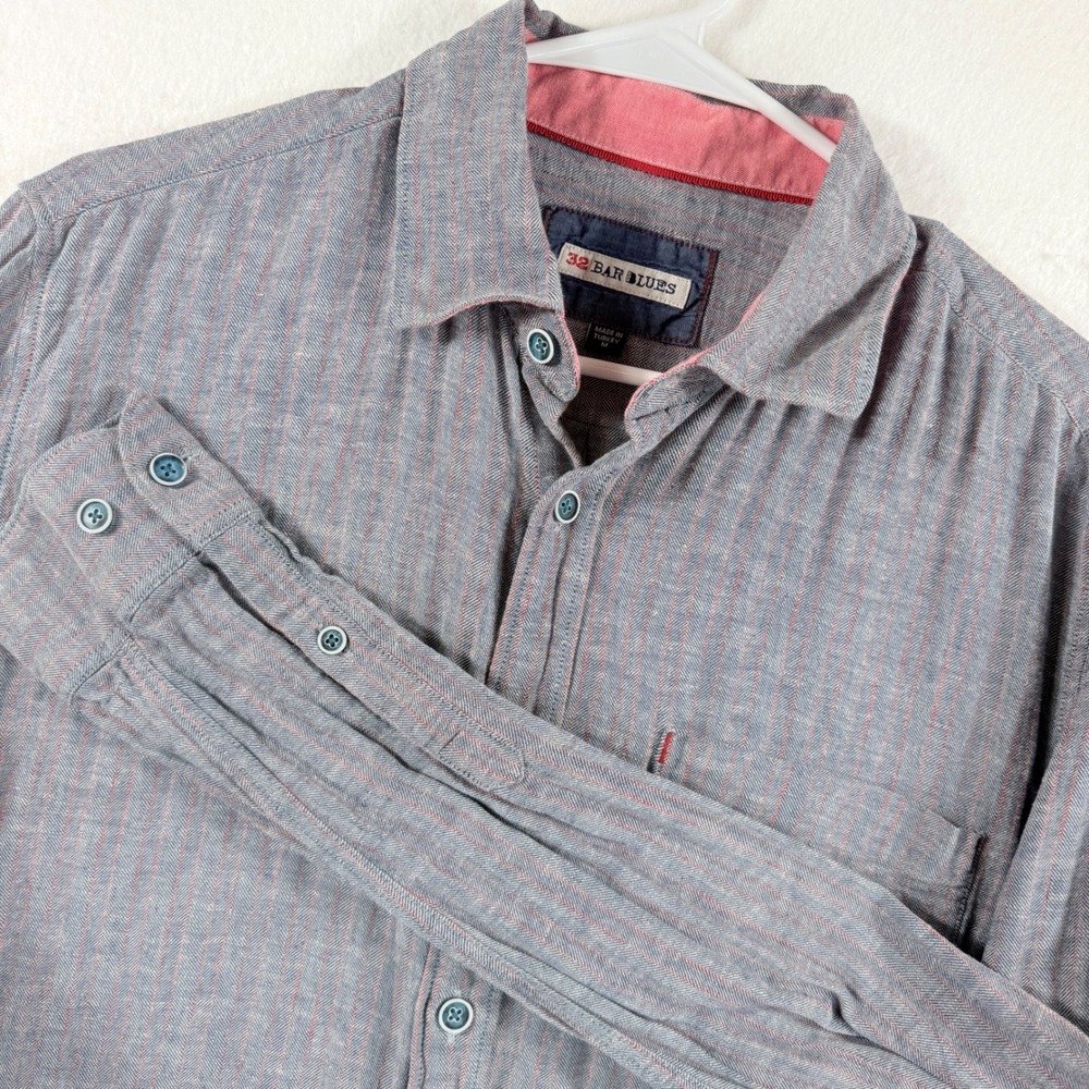 32 Bar Blues Button Down Mens Medium Blue Red Stripe Herringbone Workwear Rugged